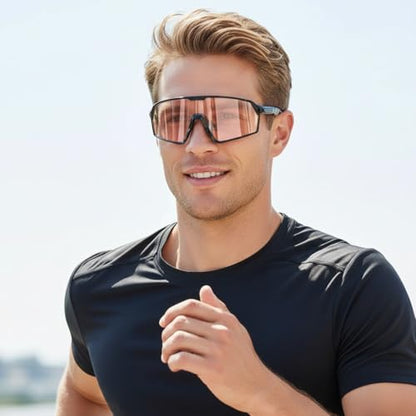 BangLong Photochromic Cycling glasses for Men Women, Clear Running MTB Sunglasses UV Protection - color: Black Frame-red Photochromic