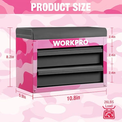 WORKPRO Metal Mini Tool Box, Top Tool Chest containing Two Drawers with Ball Bearing Slides, PVC Drawer Liners and PP Feet Pads, Cold Rolled Steel Small Toolbox for Multi-Purpose Storage - Pink Ribbon - color: Pink Camo