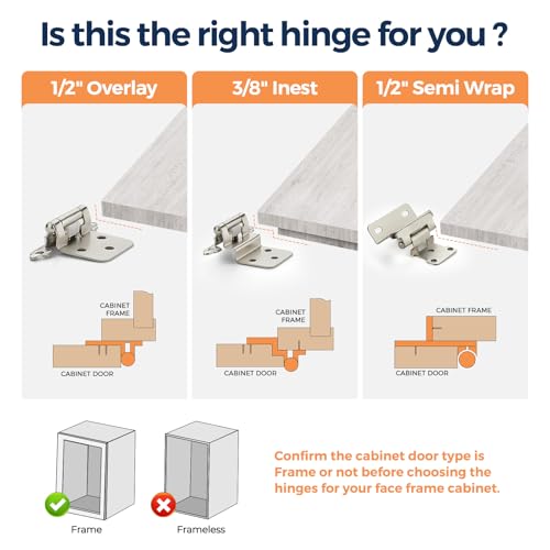 4 Pack (2 Pairs) Brushed Nickel Cabinet Hinges for Kitchen Doors, Self-Closing, 1/2 Inch Overlay (Variable), Semi-Concealed Face Frame, Surface Mount Cabinet Hardware, Silver - color: Brushed Nickel