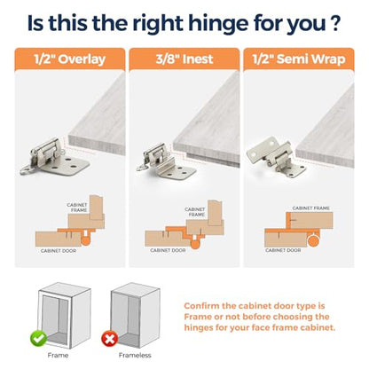 4 Pack (2 Pairs) Brushed Nickel Cabinet Hinges for Kitchen Doors, Self-Closing, 1/2 Inch Overlay (Variable), Semi-Concealed Face Frame, Surface Mount Cabinet Hardware, Silver - color: Brushed Nickel