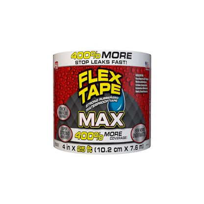 Flex Tape, MAX, Original Thick Flexible Rubberized Waterproof Tape - Seal and Patch Leaks, Works Underwater, Indoor Outdoor - Home RV Roof and Pool Repairs, White, 4 in x 25 ft, Pack of 1