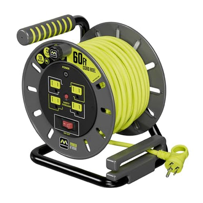 Masterplug 60ft Cord Reel, Retractable Extension Lead with Winding Handle, Safety Overload Circuit Breaker and Power Switch, 4X Grounded Outlets, 13amps, 14AWG Cable - size: 60ft