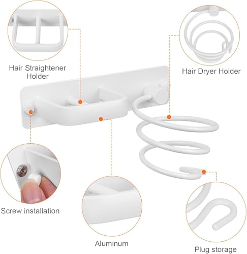 YUET Hair Dryer Holder Hairdryer Station Wall Mounted Shelf Bracket Straightener Stand Hanger Organizer Blow Storage with Cable Tidy Rack for Dressing Table Bathroom Aluminum Professional, White - color: White