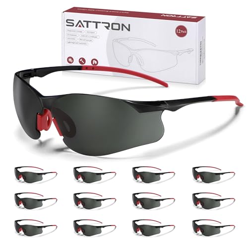 Safety Glasses Tinted 12 Pack, Protective Eyewear for Men Women UV Protection ANSI Z87.1, Safety Sunglasses Bulk Scratch Impact Resistant Eye Protection with Nose Pads for Construction Work Smoke - color: Smoke Lens/Red Temples, style: 12 Pack
