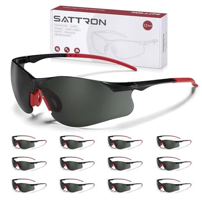 Safety Glasses Tinted 12 Pack, Protective Eyewear for Men Women UV Protection ANSI Z87.1, Safety Sunglasses Bulk Scratch Impact Resistant Eye Protection with Nose Pads for Construction Work Smoke - color: Smoke Lens/Red Temples, style: 12 Pack