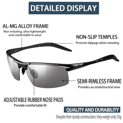 TJUTR Mens Photochromic Sunglasses Day & Night Driving Z87 Sun Glasses Polarized UV400 Protection Safety Glasses - color: A Black Frame/Grey Photochromic Polarized Lens