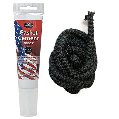 Midwest Hearth Wood Stove Replacement Gasket Kit – Made in USA Graphite Impregnated Fiberglass Rope Gasket & 2000°F Adhesive Cement for Woodburning Stoves (3/8" x 84" Rope) - size: 3/8" x 84" Rope