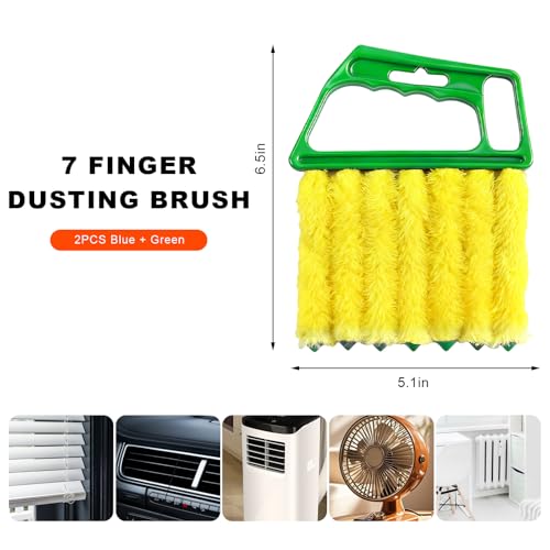 2 PCS Blind Cleaner Duster Tool, 7 Finger Handheld Duster Window Shutters Dusting Cleaner Brush, Washable Mini Blinds Dust Cleaning Tools for Car Air Conditioner Vent (Blue+Green) - color: Blue+green