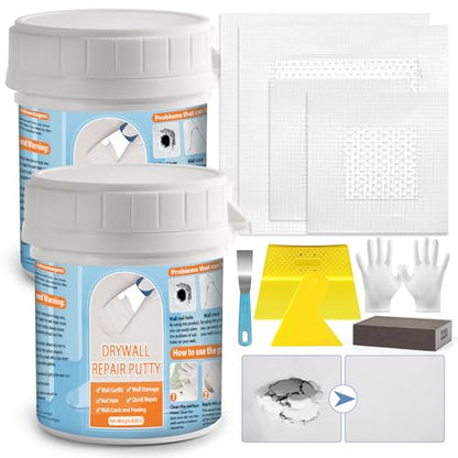 Dry Wall Patch Kits, Aluminum Spackle Wall Repair Patch Kit Fiber Mesh Plate with Scraper, 8.8oz X 2 White Repair Putty Drywall Hole Filler to Fix Wall Surface Holes, Quick Repair Creak Damage - color: 2 X 8.8oz White Wall Repair Putty Patch Kit