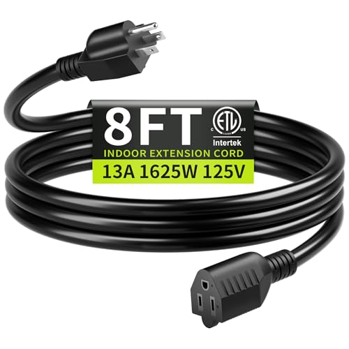16/3 Black Extension Cord 8 FT, Indoor Extension Cord for Laptops, Coffee Makers, Office Home Appliances, 3 Prong Resistant Cable Flexible, 13A 125V 1625W ETL Listed - color: Black, size: 8FT, style: 16AWG Extension Cord