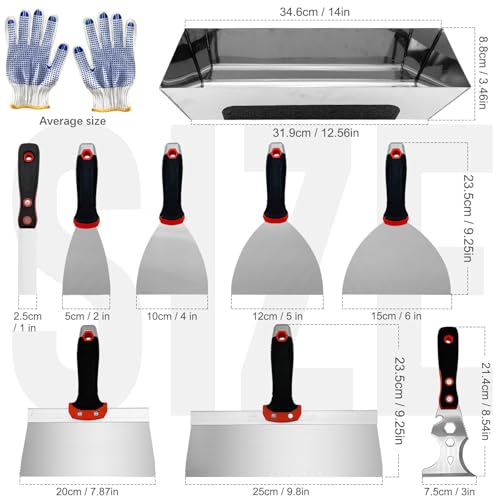 Drywall Knife Set, 10 Pcs Hand Tools Kit, Putty Knives Tapping Knife Multi-purpose Paint Scraper with Mud Pan Gloves for Drywall Work - color: Black - B Set