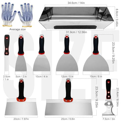 Drywall Knife Set, 10 Pcs Hand Tools Kit, Putty Knives Tapping Knife Multi-purpose Paint Scraper with Mud Pan Gloves for Drywall Work - color: Black - B Set