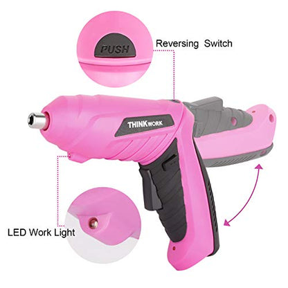 THINKWORK 122-Piece Pink Tool Set with 3.6V Rotatable Electric Screwdriver, Home Tool Kit for Women with Easy Carrying Round Pouch, Ladies Pink Tool Kit for Home Maintenance, DIY, Gifts - style: 122-Piece