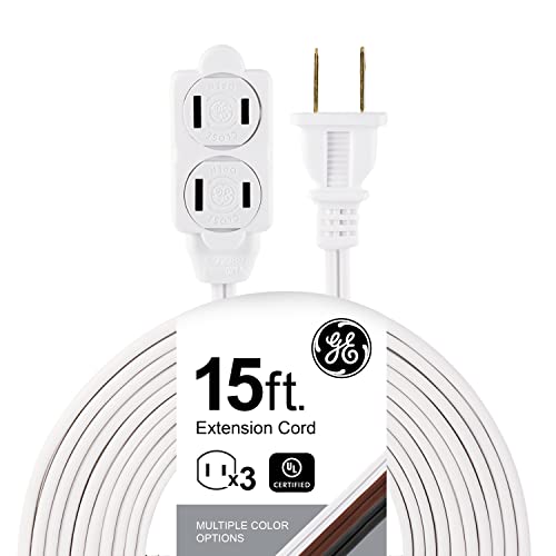 GE 3-Outlet Power Strip, 15 ft Extension Cord, 2 Prong, 16 Gauge, Twist-to-Close Safety Outlet Covers, Indoor Rated, Perfect for Home, Office or Kitchen, UL Listed, White, 51962 - color: White, size: 15 Ft