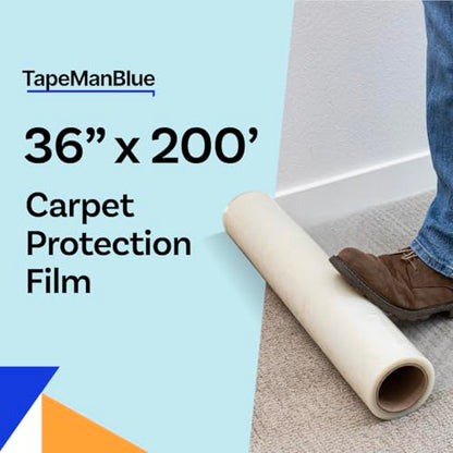 TapeManBlue Carpet Protection Film 36" x 200', 4 Rolls, Self Adhesive Plastic Carpet Protector Film with Clean Removal & Easy Unwind, Durable Protection Tape to Shield Your Surface - size: 36" x 200' (4 rolls)