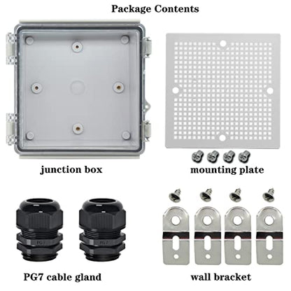 Zulkit Junction Box IP67 Waterproof Electrical Box Hinged Clear Cover Stainless Steel Latch Plastic Enclosure for Project w Mounting Plate Wall Bracket and 2 Cable Gland 5.9"x5.9"x3.5"/150x150x90mm - color: Clear Cover, size: 5.9"x5.9"x3.5"