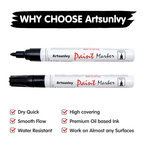 Artsunlvy Permanent Paint Pens Paint Markers - 2 Pack Black & White Oil Based Quick Dry Waterproof Markers For Tire, Rubber,Wood, Rocks, Metal, Canvas - color: White & Black