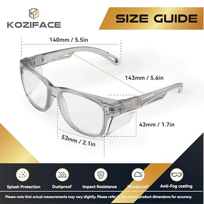 KOZIFACE E52 Anti-Fog Safety Glasses, ANSI Z87.1 Eye Protection with Side Shields, Clear Lens, Lightweight for Work, Lab DIY - color: Grey