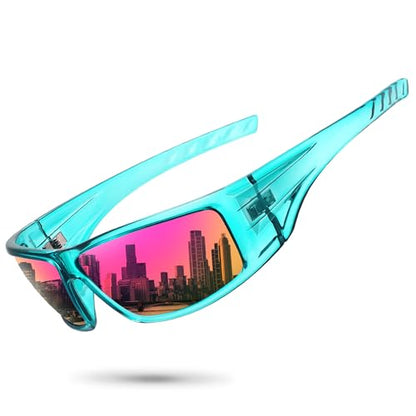 Polarized Sports Sunglasses for Men Women Unbreakable Frame Cycling Fishing Wrap Around Sunglasses UV400 Protection - color: 1-clear Green/Purple Pink Mirror Lens
