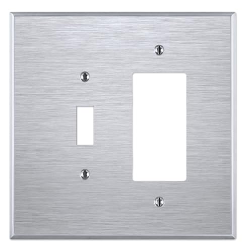 OVERSIZED 2 Gang Combo Stainless Steel Wall Plate - (1) Decorator/GFCI/Rocker with (1) Toggle Combination Metal Light Switch Plate Cover, Satin Finish, Made in USA, UL Listed, 5.5" x 5.5" - color: Combo: Decorator / Toggle