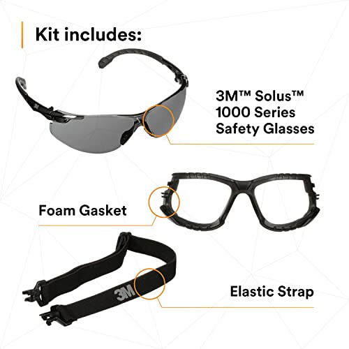3M Safety Glasses, Solus 1000 Series, S1502SGAF-KT, Kit with Removable Foam Gasket and Strap, Black Frames, Gray Scotchgard Anti-Fog Coated Lens, Pack of 1 - color: Black Frame