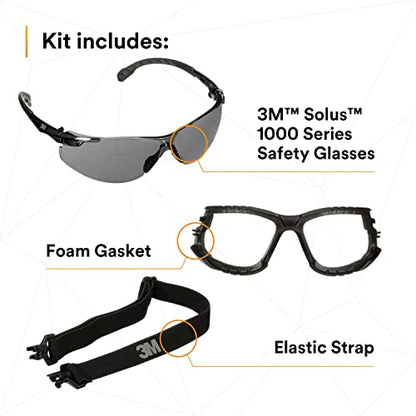 3M Safety Glasses, Solus 1000 Series, S1502SGAF-KT, Kit with Removable Foam Gasket and Strap, Black Frames, Gray Scotchgard Anti-Fog Coated Lens, Pack of 1 - color: Black Frame
