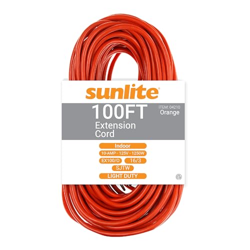 Sunlite 04210-SU 100-Foot Indoor Extension Cord Three Prong Grounded Plugs, Medium Duty, Long Power Wire, for Appliances, Electronics, 16 Gauge, UL Listed, Meets OSHA Standards, Orange - size: 100'(16/3)