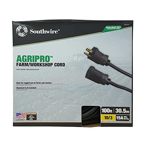 Southwire AgriPro 10/3 Gauge Black Outdoor Extension Cord - Extra Heavy Duty All-Copper Wire - UL Listed - Highly Resistant to Chemicals & Oils - 100 Feet - color: Black, size: 10/3 Gauge, style: 100 ft