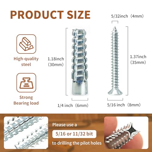70 Packs Heavy Duty Hollow Wall Anchors with Screws, Loose Hinge and Stripped Hole Repair Kits (6x32mm,Silver) - size: Silver-M6*32