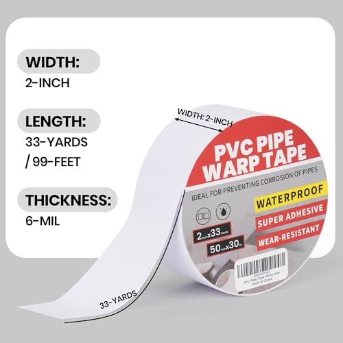 TAPEBEAR Corrosion Protection Pipe Tape, Pipe Wrap Tape for Drain Pipe, Metal Electrical Outdoor Underground Pipe, Waterproof PVC White Tape, Duct Anti-Corrosion and Protection, 2Inch x 33Yard - size: 2inch X 33yard