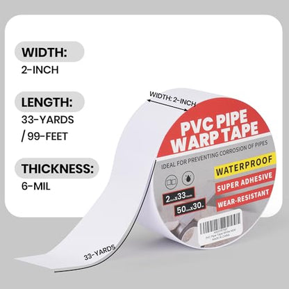 TAPEBEAR Corrosion Protection Pipe Tape, Pipe Wrap Tape for Drain Pipe, Metal Electrical Outdoor Underground Pipe, Waterproof PVC White Tape, Duct Anti-Corrosion and Protection, 2Inch x 33Yard - size: 2inch X 33yard