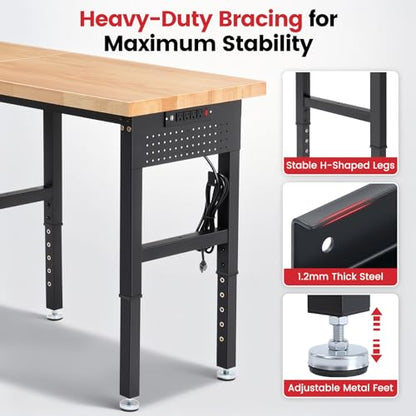 ENJOYWOOD 84" x 24" Heavy Duty Workbench Adjustable Height Garage Work Table with Solid Rubberwood Top, Extended Pegboards & Power Outlets for Workshop, Home & Office - size: 84 Inch