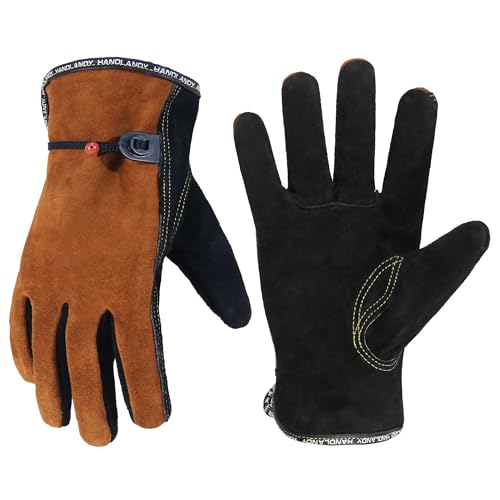 HANDLANDY Leather Work Gloves for Men and Women, Utility Tough Cowhide Glove - color: Black-camel, size: Men's L/Women's XL