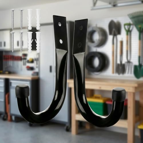 Heavy Duty Metal Wall Hooks 2 Pack, Large 3.5" Utility J Hooks for Garage Organization and Storage, Wall Mount Hangers for Extension Cords Tools Coats Backpacks and Bags, Indoor Outdoor Use, Black - color: Black