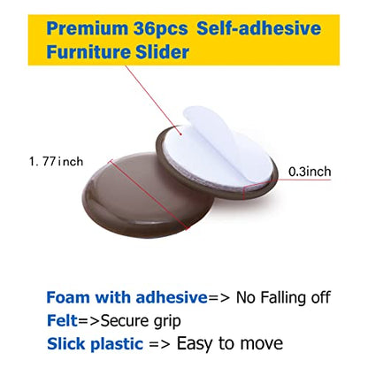 36pcs Self-Adhesive Furniture Sliders, 1-7/9" Furniture Moving Pads-Sticky Carpet Slider for Protect Carpeted Surface, Furniture Carrier- Easily Move Any Items (Brown) - size: 1 7/9 inch