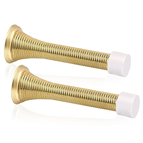 2 Pack Spring Door Stopper Bright Brass - 3-1/4" Flexible Gold Spring Door Stops with White Rubber Bumper Tips - color: Bright Brass, size: 2 Pack