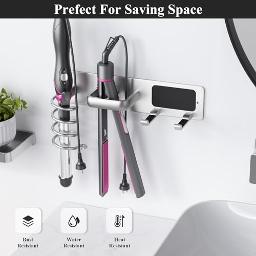 Tindbea Hair Dryer Holder Curling Iron Holder Flat Iron, Blow Dryer Holder Wall Mount, 3 in 1 Bathroom Hair Tool Organizer Rack for Universal Dryer, Silver Color - color: Silver