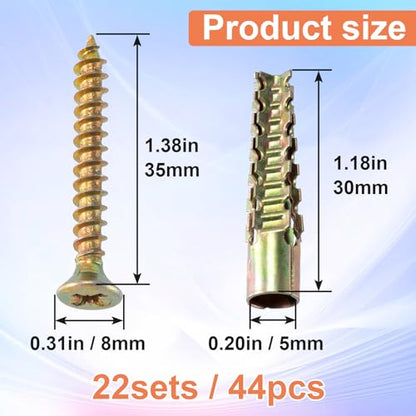HINZIC 22 Sets Steel Wall Anchor with Screws(#4×1-2/5), Loose Hinge Hole Repair Kit Heavy Duty Wall Anchor for Hollow-Wall Wooden Concrete Wall(5x30mm) - size: #4×1-2/5