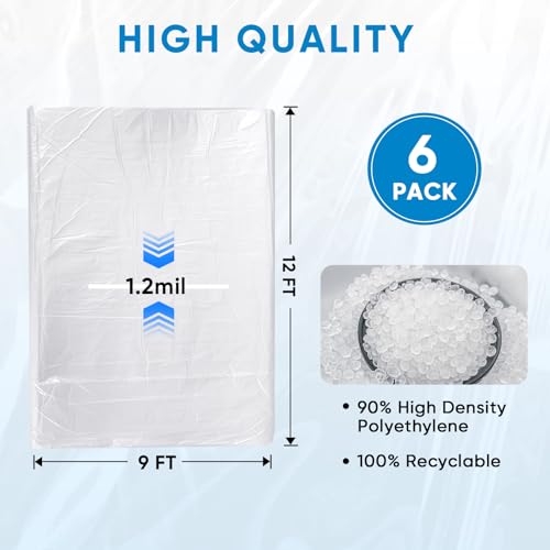 TICONN 12 x 9 Ft Plastic Drop Cloth for Painting, Waterproof Painters Plastic Sheeting, Painting Tarp for Furniture Cover, Floor Protection (6PK, 1.2Mil) - size: 1.2 Mil
