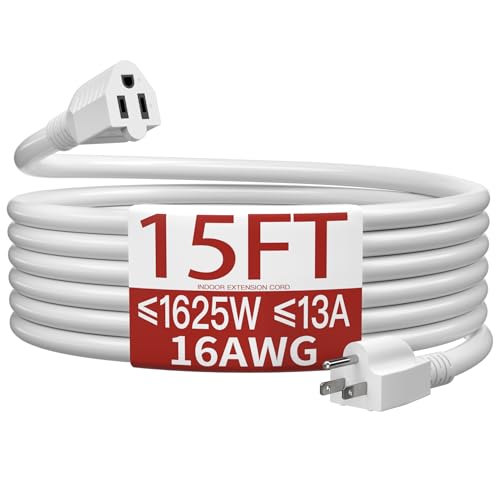 16/3 Indoor Extension Cord 15 FT, White Extension Cord Flexible & Durable, 3 Prong Power Cable, Suitable for Home and Office, 13 Amp 1625 Watt 125VAC 16AWG, ETL Listed - color: White, size: 15FT, style: 16AWG INDOOR