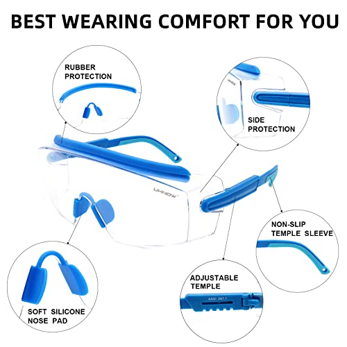 UKNOW Safety Goggles Over Glasses, Anti Fog Safety Glasses with Clear Wraparound Lens, ANSI Z87.1 Protective Eyewear - color: Electric Blue