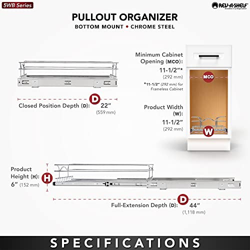 Rev-A-Shelf Pullout Kitchen Cabinet Drawer and Rolling Organizer Cabinet Pantry Storage Basket in Multiple Sizes, 12 x 22 in, 5WB1-1222CR-1 - size: 12" W X 22"d, style: Single Tier