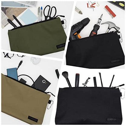 COREFLEX Premium Tool Pouch Zipper Bag, Small Tool Bag, Multipurpose Storage pouch, Heavy duty Flat Bottom Tool bag with YKK Zipper (6 pack Large 12inch) - size: 6 pack Large 12inch Khaki