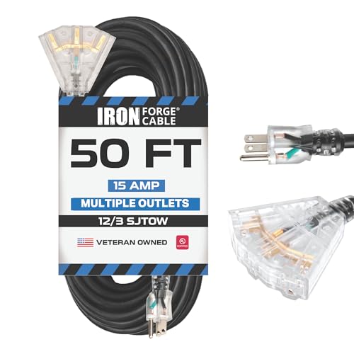 Iron Forge Cable 12 Gauge Extension Cord with Multiple Outlets - Black Heavy Duty Extension Cord 50 ft - 12/3 SJTOW, 3 Prong Lighted Outlet Cords - color: Black, size: 50 Foot