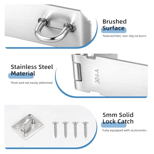 Door Hasp Latch Lock, 5 Inch 304 Stainless Steel Safety Packlock Clasp, Brushed Finish, Extra Thick Hinge Lock with Screws for Gates,Doors,Cabinets, Closets