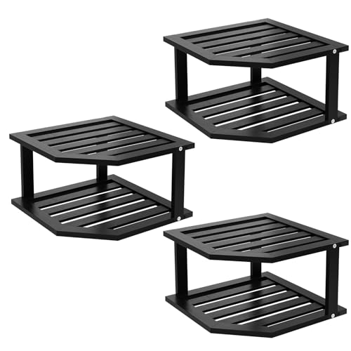 VERTORGAN Bamboo Corner Shelf(3 Pack),2 Tier Plate Organizer for Cabinet and Countertop,Pantry Dish and Spice Rack for Kitchen(Black) - color: Black, size: 3 Pc