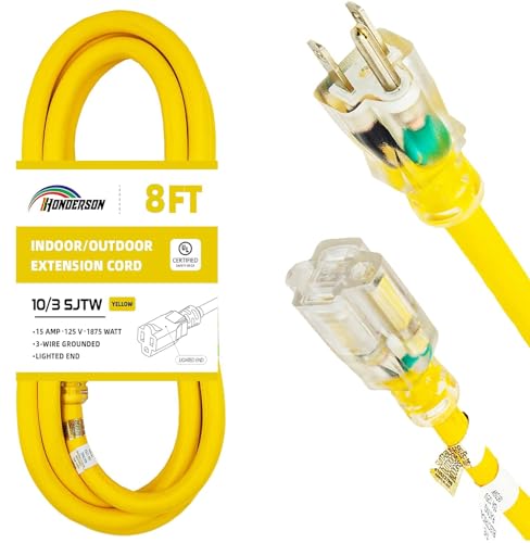 Indoor Outdoor Extension Cord Weatherproof with Lighted End, UL Certified, 10 Gauge 8FT Yellow 3 Prong Heavy Duty, 10/3 SJTW 15A Power Cord for Outdoor Lights, Lawn - size: 8FT, style: 10/3