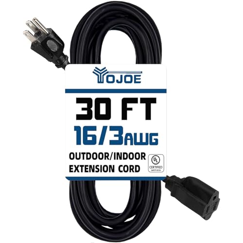 YOJOE Indoor Outdoor Extension Cord, 3 Prong 13A Weatherproof Power Cord, 16 Gauge Heavy Duty 30 ft Black Extension Cord for Garage, Garden and Home, 16/3 SJTW UL Listed - color: Black, size: 30 Foot, style: 16/3 Standard