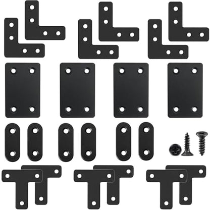 QSJ 22 Pack Straight Brace Stainless Steel Black Flat Brace Straight Corner Braces Straight Brackets Metal Flat Straight Mending Plates with Screws - size: 22Pcs Bracket Set (Flat T/L/Square/Strip)