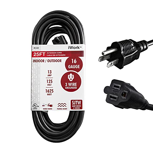 25 Ft Black Extension Cord 3 Prong, Weather-Resistant 16/3 SJTW, 1625 Watt, 13 AMP Rating with UL Listed for Indoor and Outdoor Uses - size: 25-Foot
